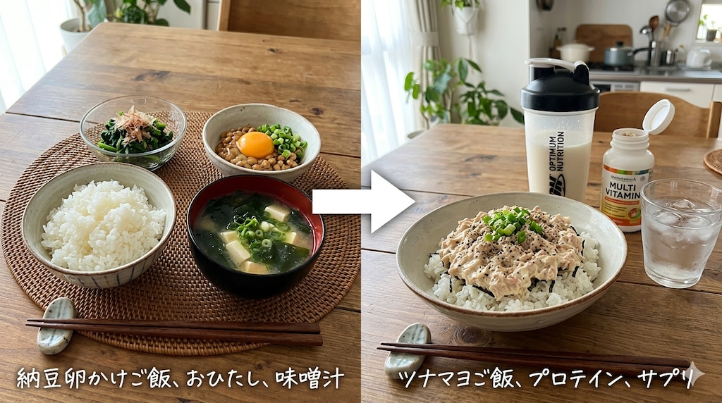最初は実家の朝ごはんに寄せて頑張るけどそのうち効率を求めるようになりがち