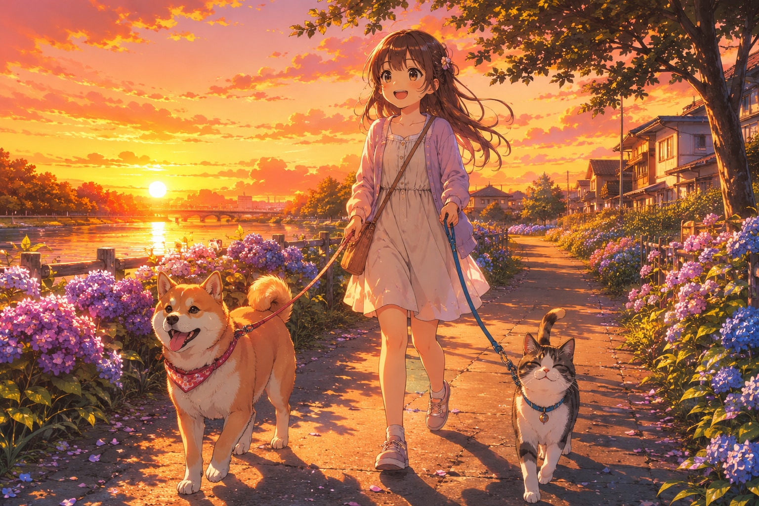 今日の夕日、今日のお散歩コース