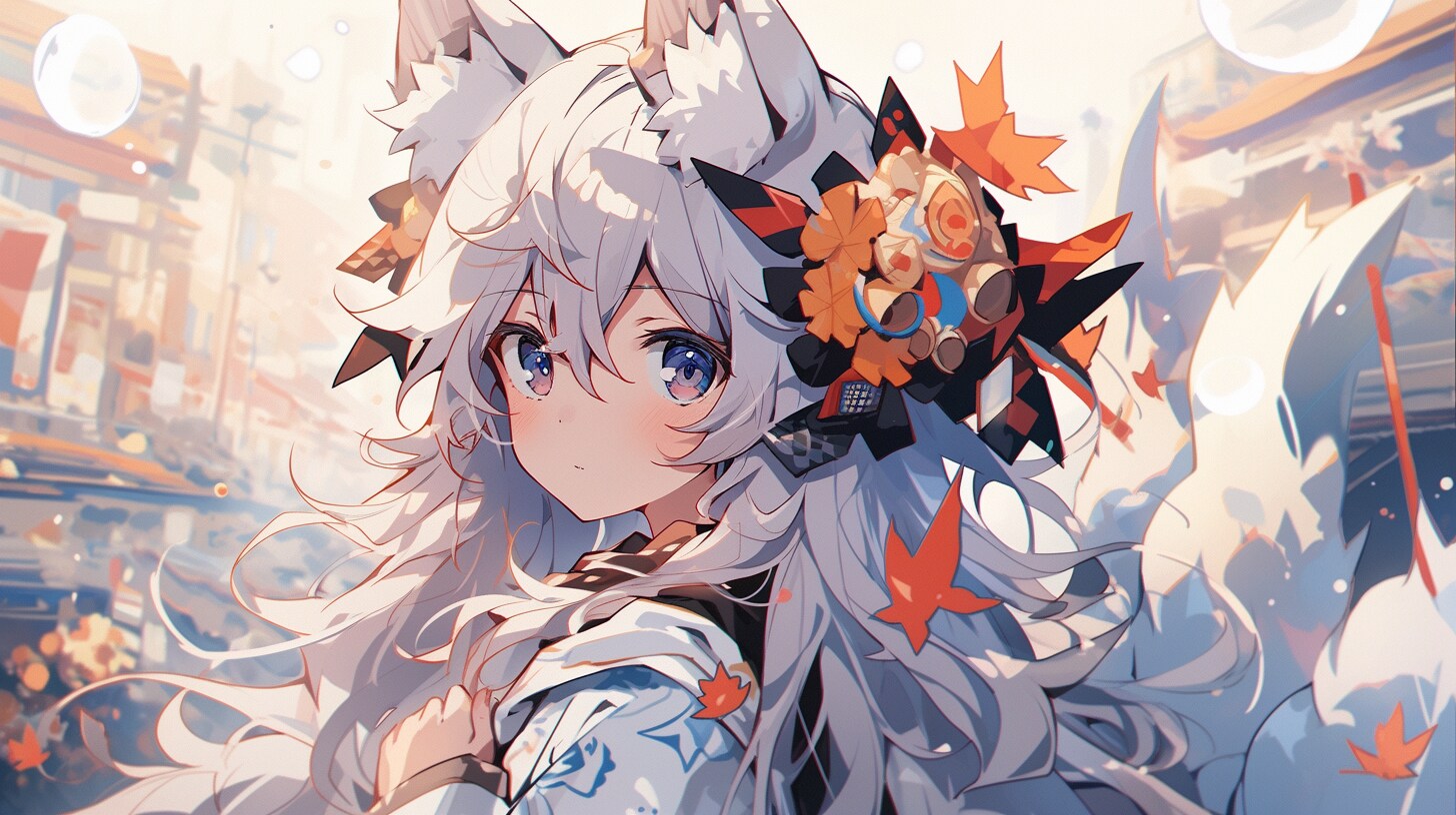 紅葉の古都に立つ白狐の少女 | の人気AIイラスト・グラビア