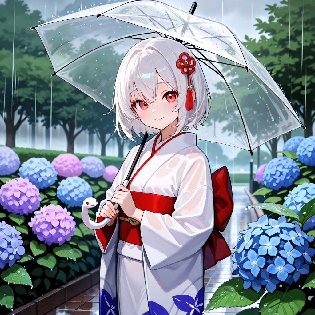 紫陽花柄の着物を着た少女