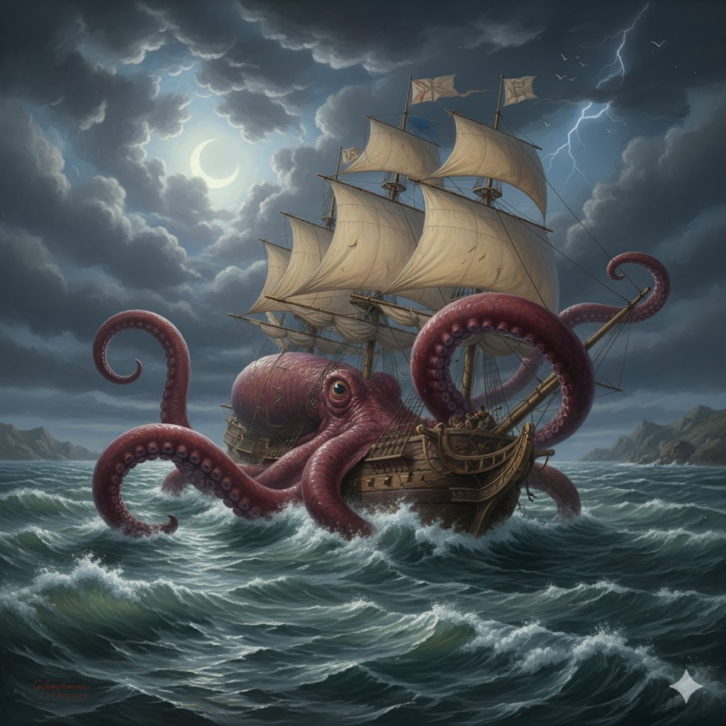オクトパスが帆船を襲っている