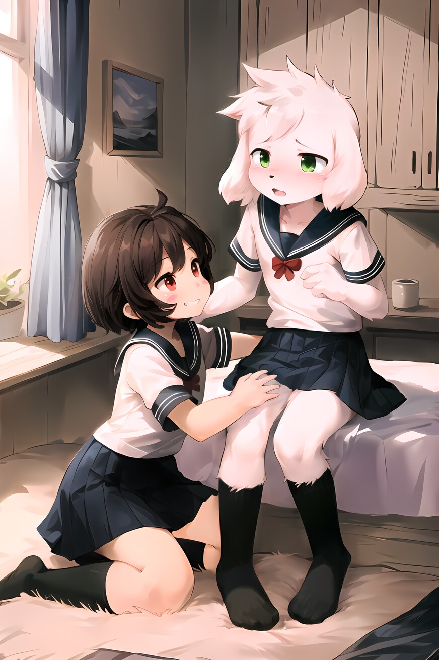 セーラー服に加えて靴下も履かされるアズリエルくん