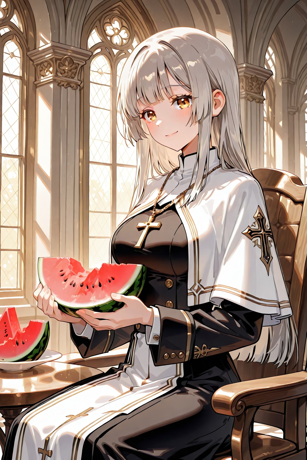 西瓜を食べるジルリィさんとマリーラインさん