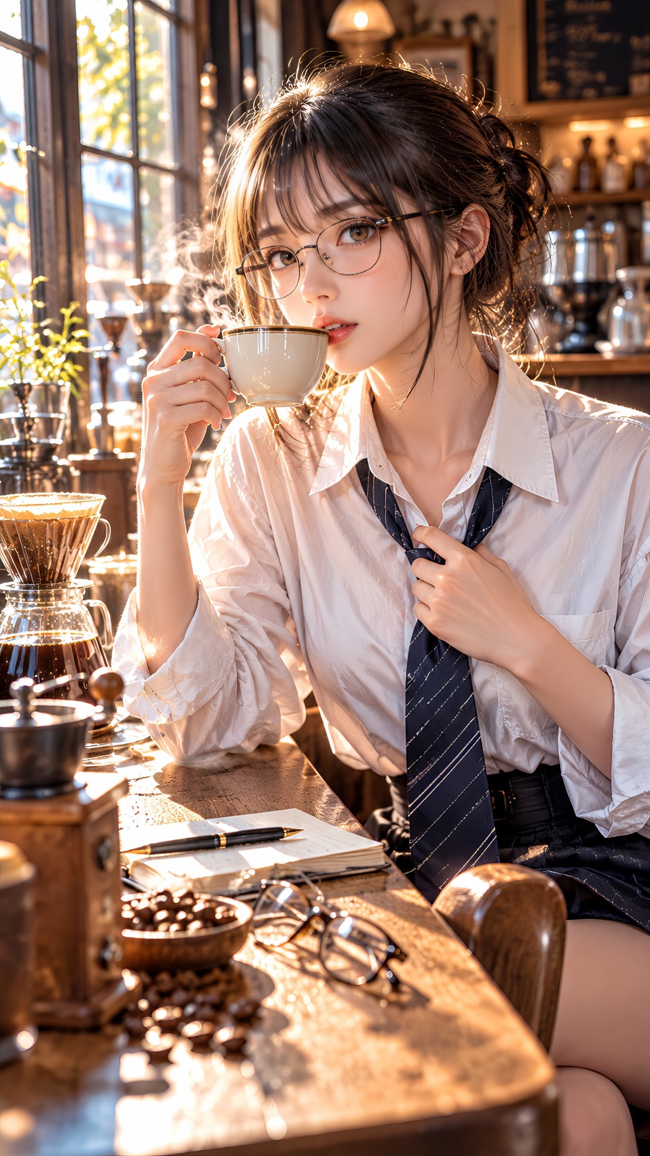 朝のカフェで出勤前の眼鏡女子がネクタイを締めながらコーヒーを飲む | の人気AIイラスト・グラビア