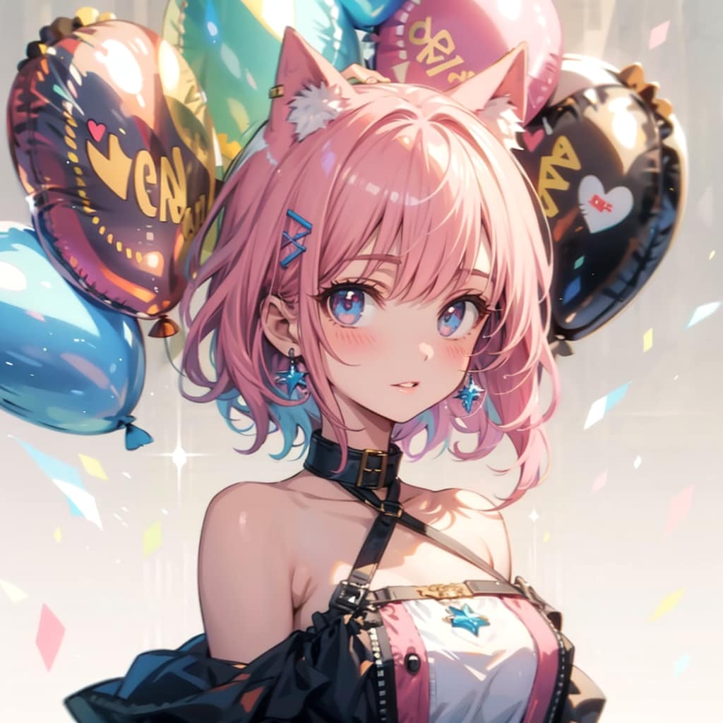 色とりどりの風船を持つピンク髪ショートカットのネコミミ騎士の美女 | の人気AIイラスト・グラビア