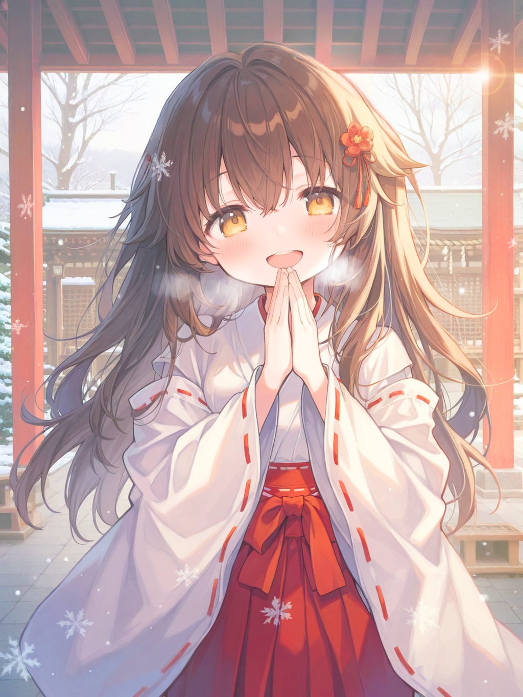 冬の神社の巫女さん