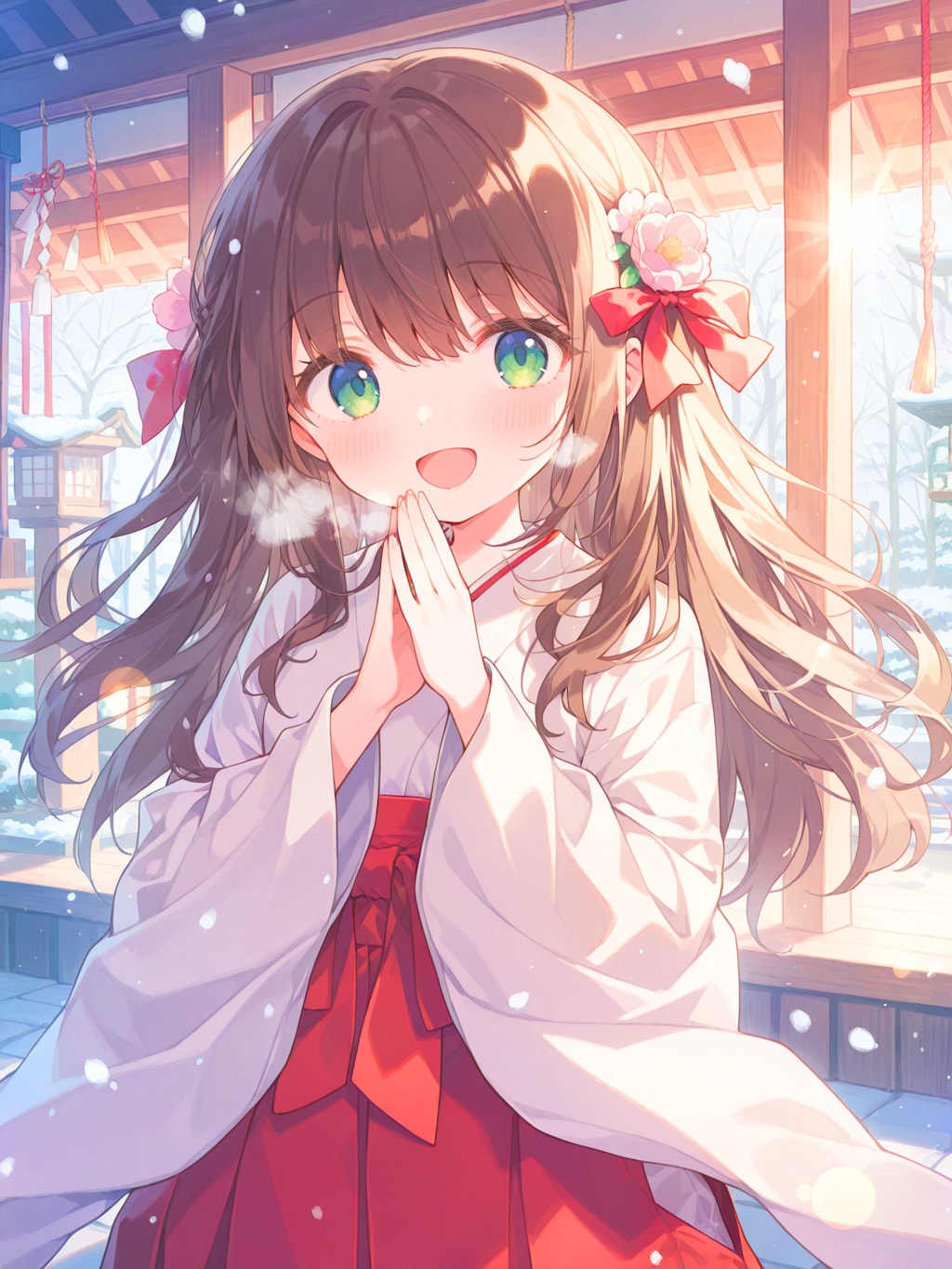 冬の神社の巫女さん