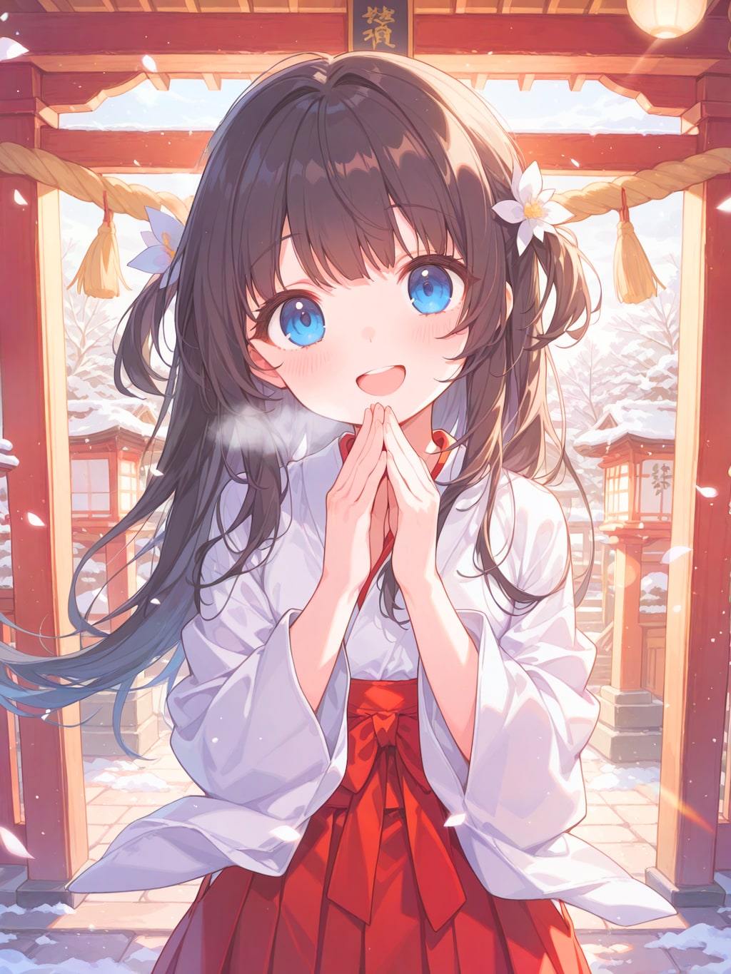 冬の神社の巫女さん