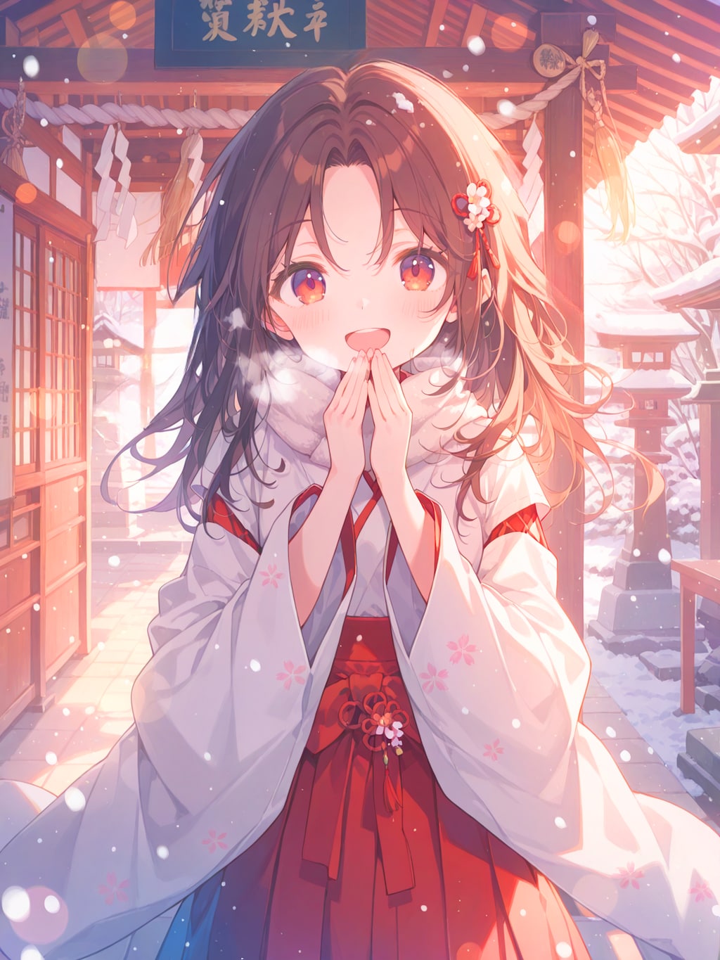 冬の神社の巫女さん