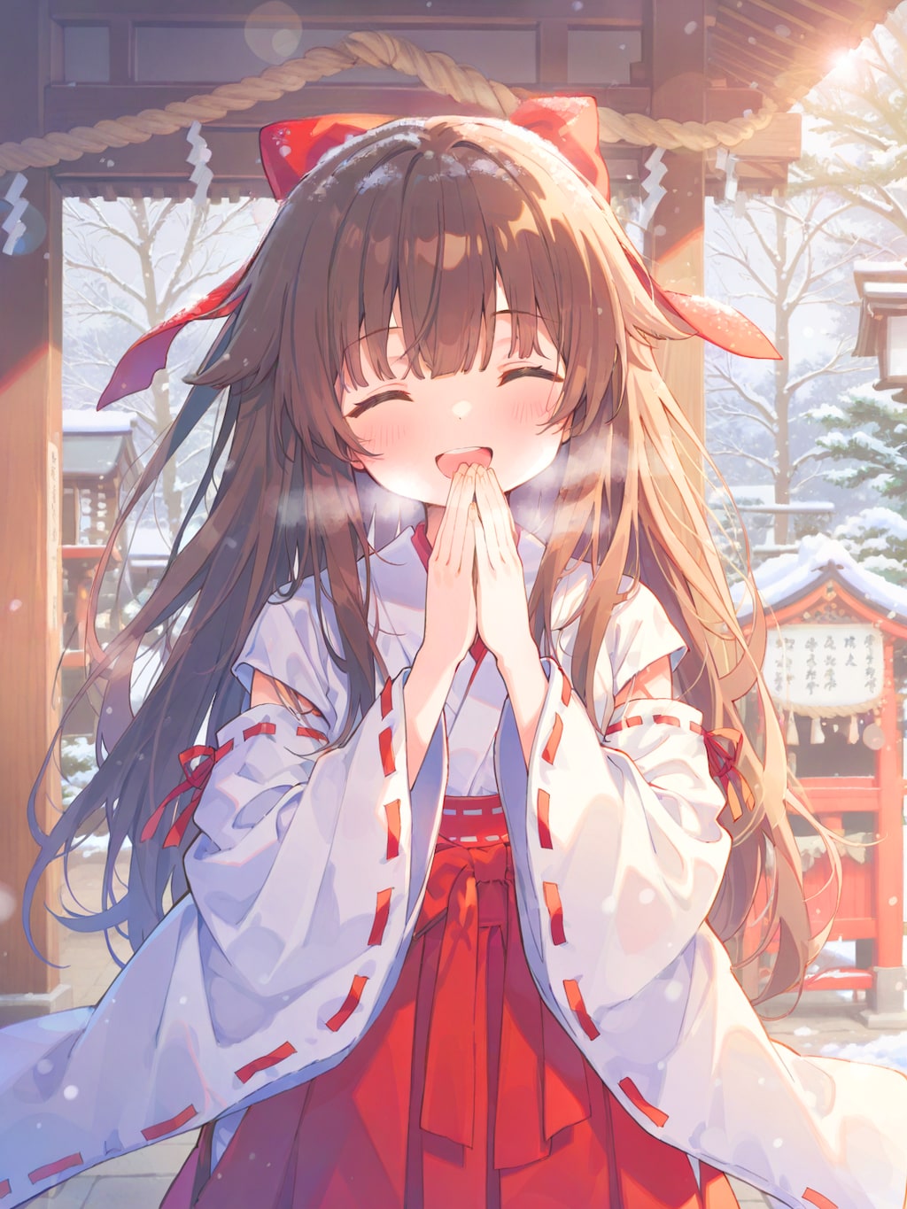 冬の神社の巫女さん