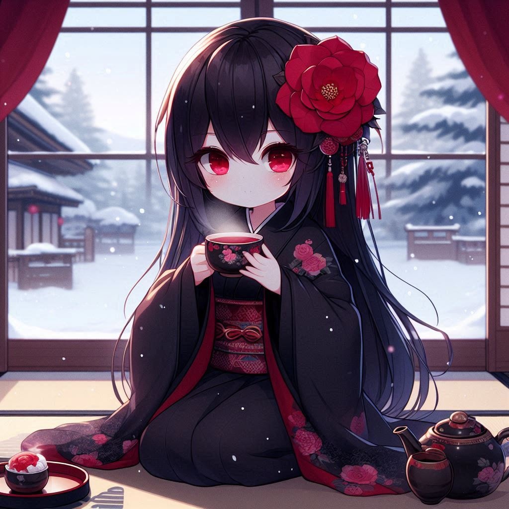 お茶飲むツバキさん