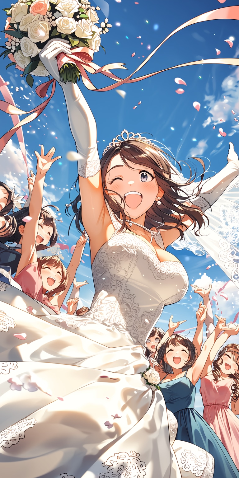「みんなお待ちかねブーケトスだ～」「は～い」（ニジジャーニー）