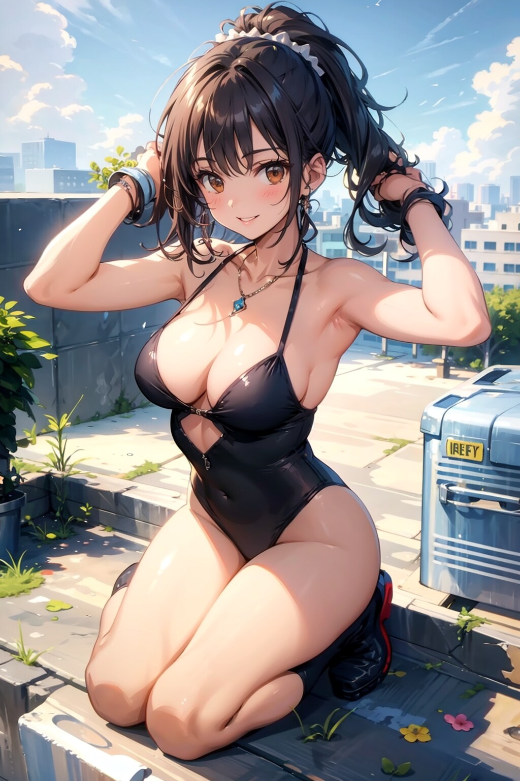 屋上でポーズを取っている女の子