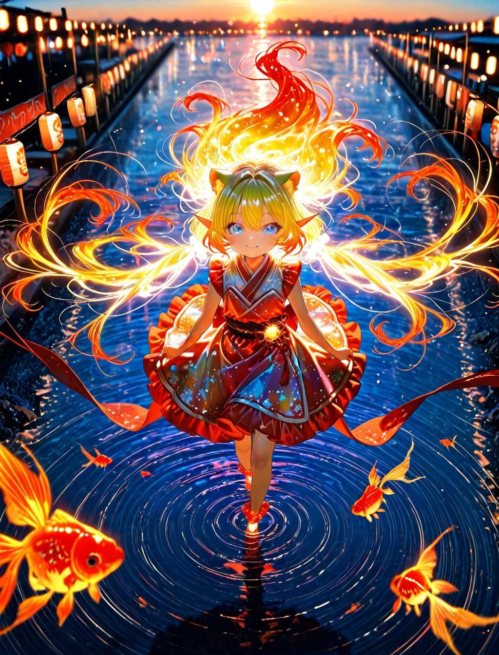 3枚）夕焼けと金魚