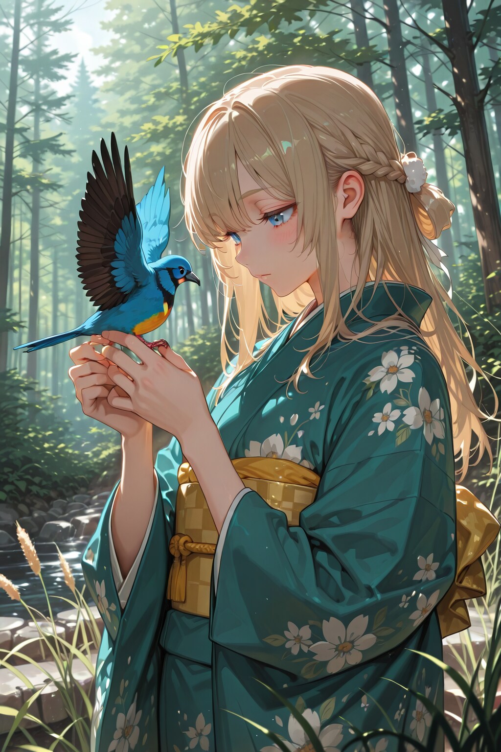 青い鳥と和服少女