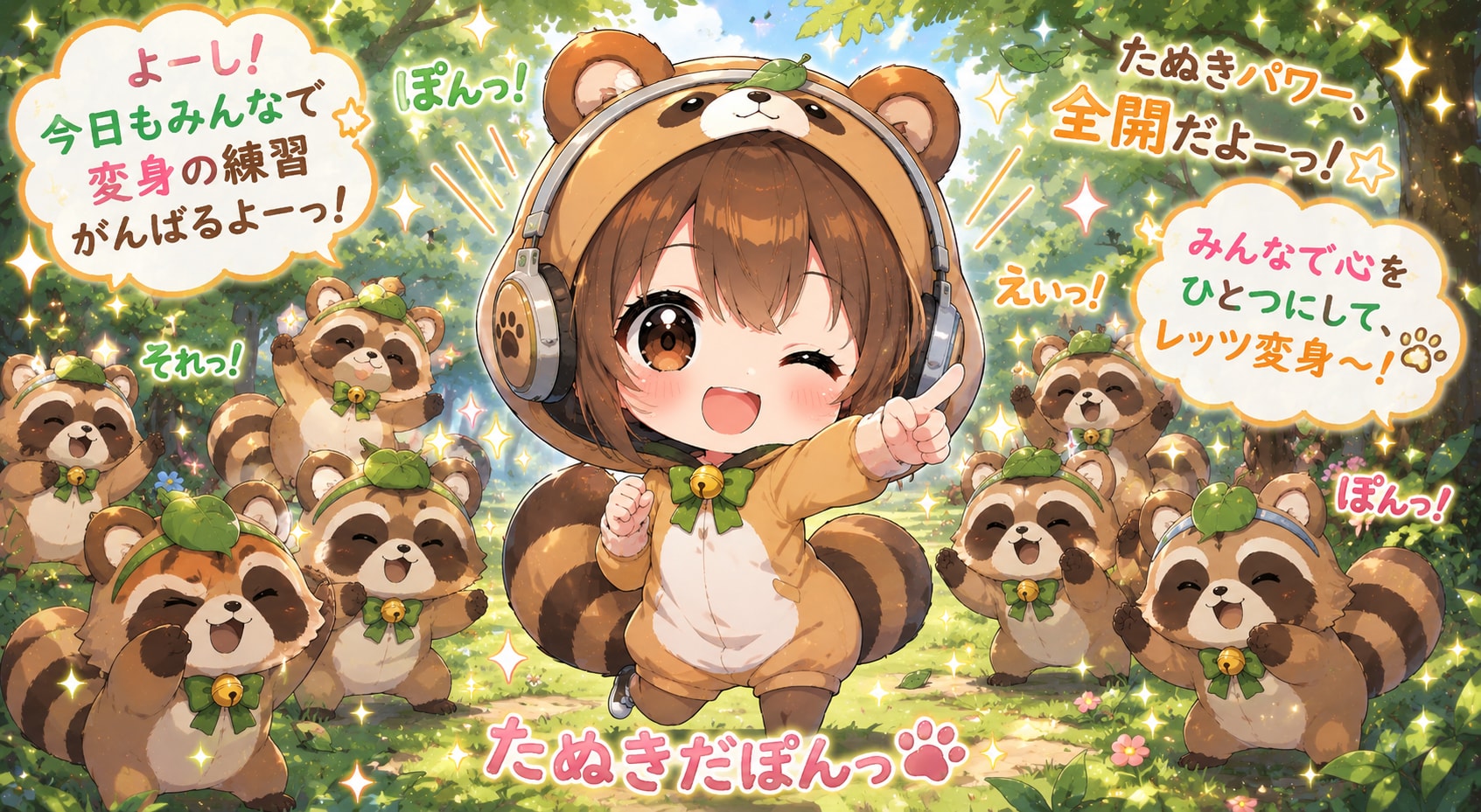 ヘッドフォンを付けたタヌキ娘が変身の練習💦３