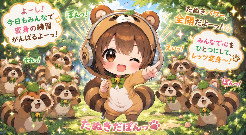 ヘッドフォンを付けたタヌキ娘が変身の練習💦３