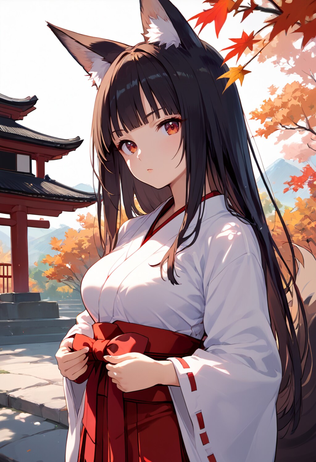 黒髪狐巫女：2枚目以降は Pony(StableDiffusionXL)