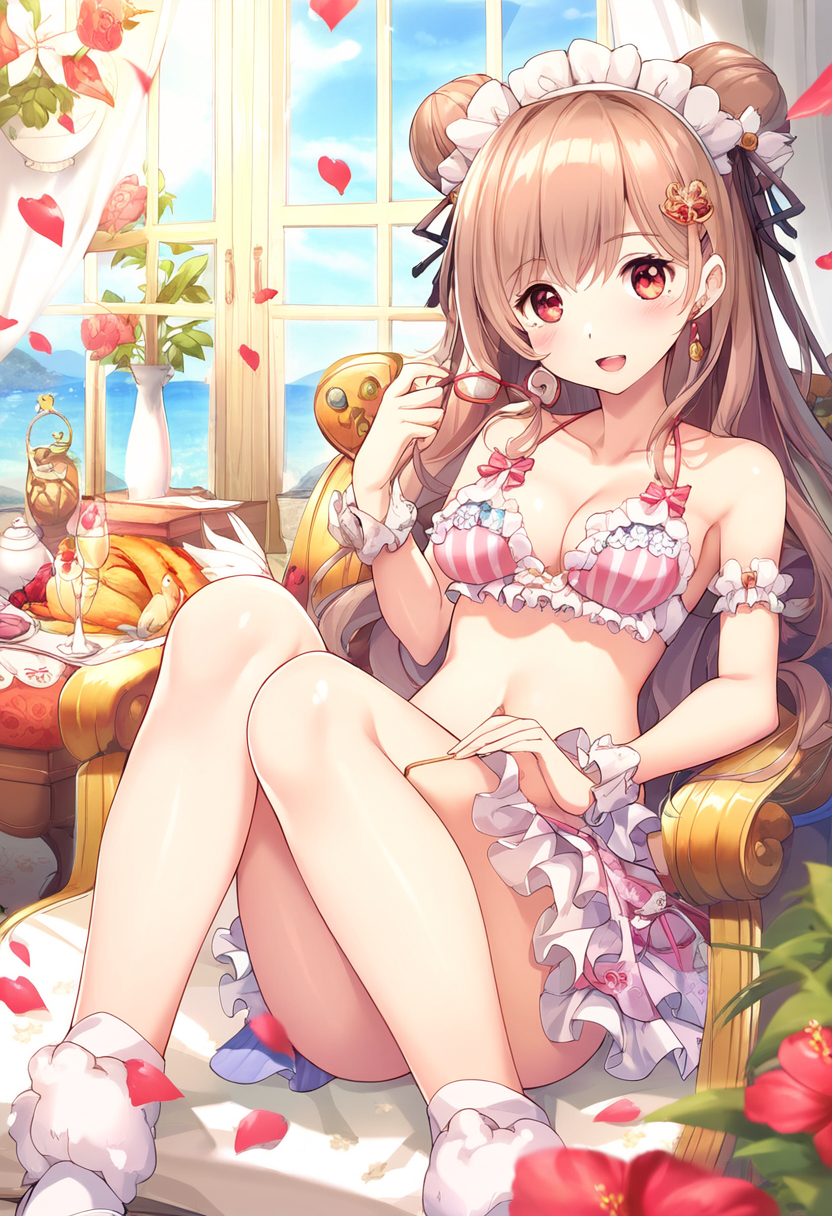 a bun-haired girl picnics indoors