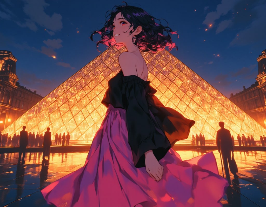 ルーブルの夜に舞う、黒とピンクの幻想