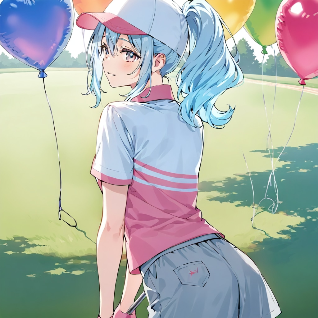 いっぱい色とりどりの風船を持つ水色髪ポニーテールのゴルフウェア着た美女