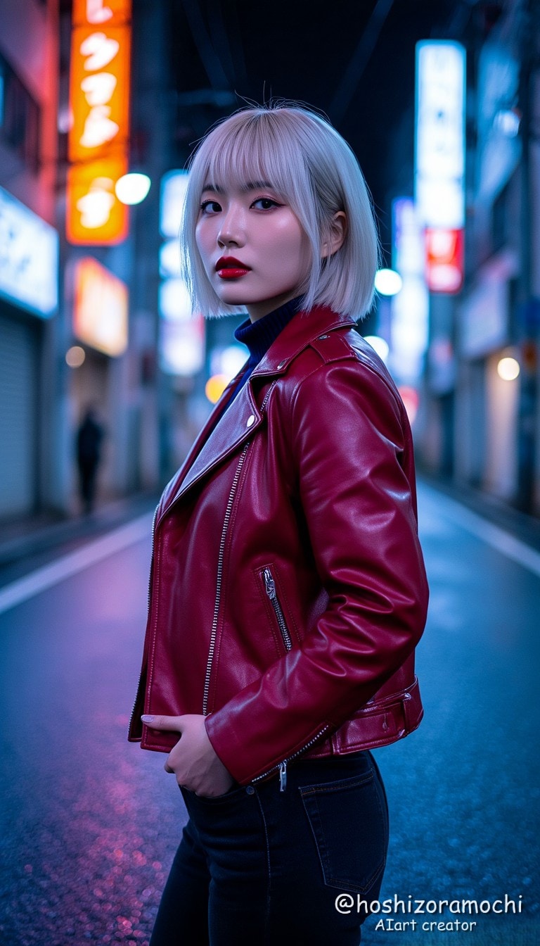 レッド・レザー、夜の街を切り裂く - Red Leather cuts through the city at night | の人気AIイラスト・グラビア