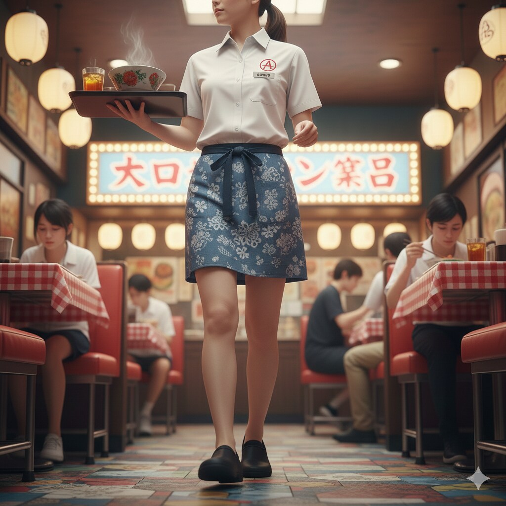 ウェイトレス、ゴミを拾う