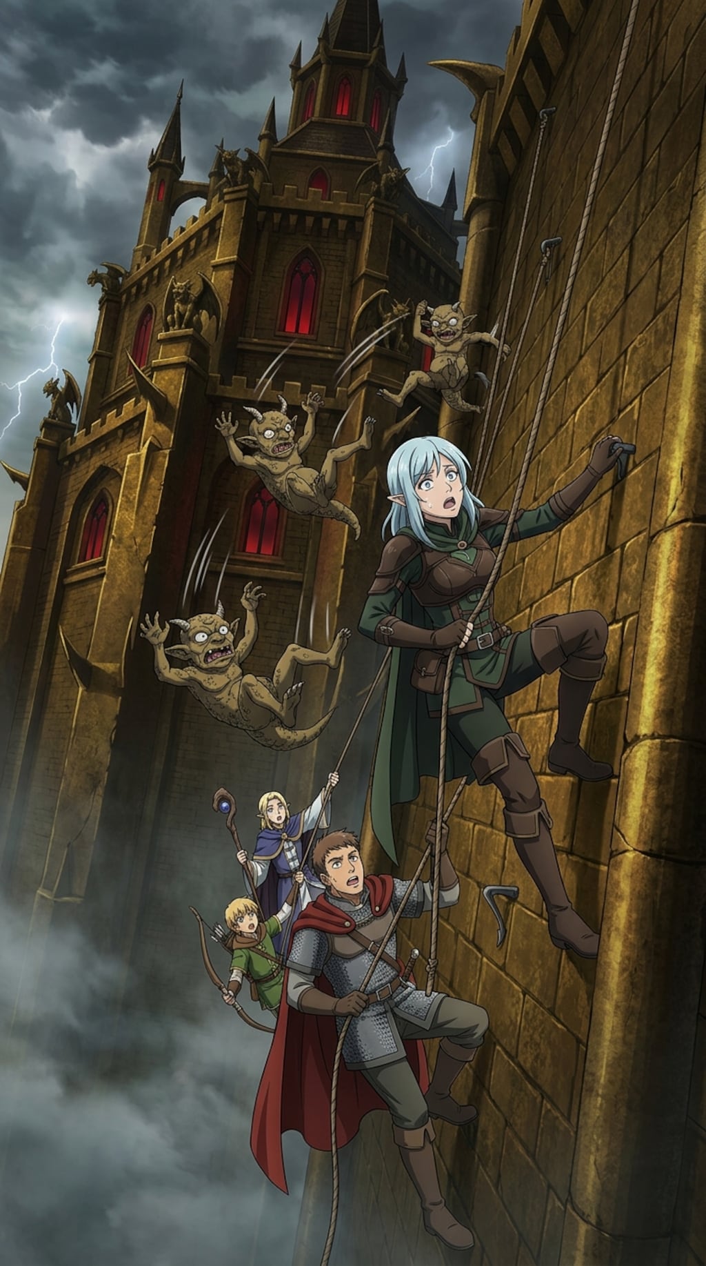 登る冒険者さんと落ちていく敵