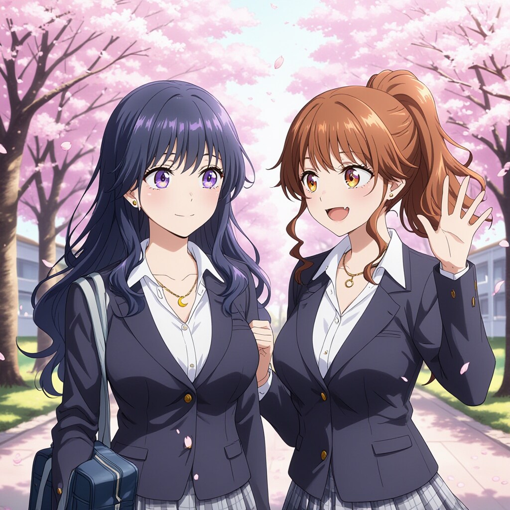 桜舞う通学路、いつもの二人で | の人気AIイラスト・グラビア