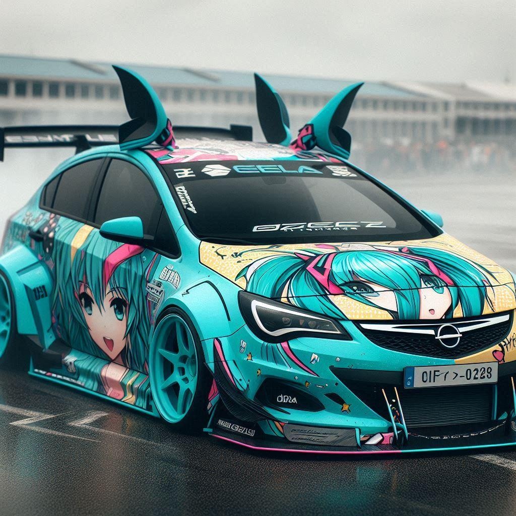 初音ミクカラーのオペルアストラのドリ車