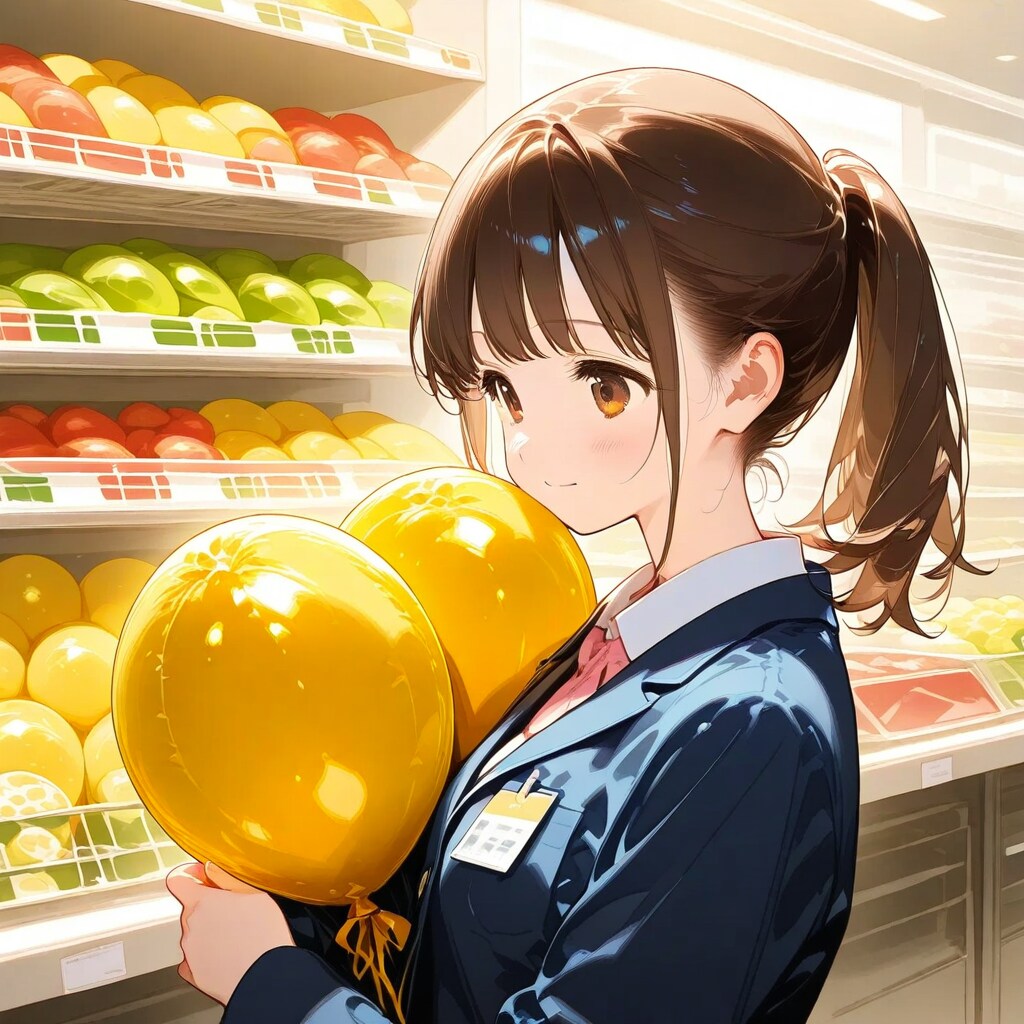 スーパーで黄色の風船を持つブラウンポニーテールの美女店員さん