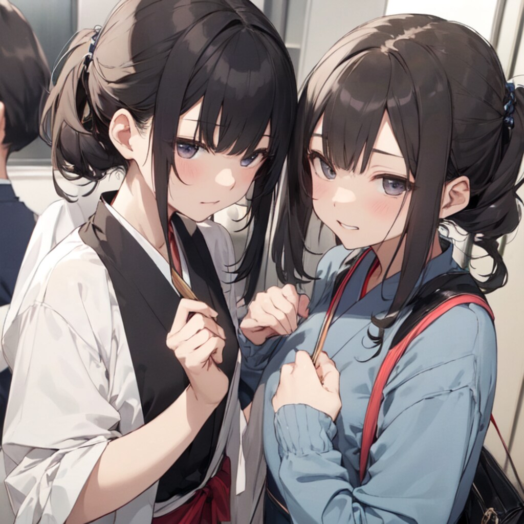 「ちょっとー、そっちもっと詰めなさいよ！」 「こっちにはもう詰める胸なんてないのよっ！そっちこそ詰めなさいよっ！」（レッツ百合プレイの５）