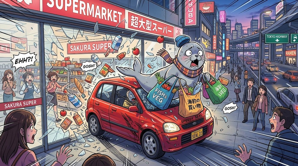 高速道路から飛び出してスーパーマーケットに入るアザラシ