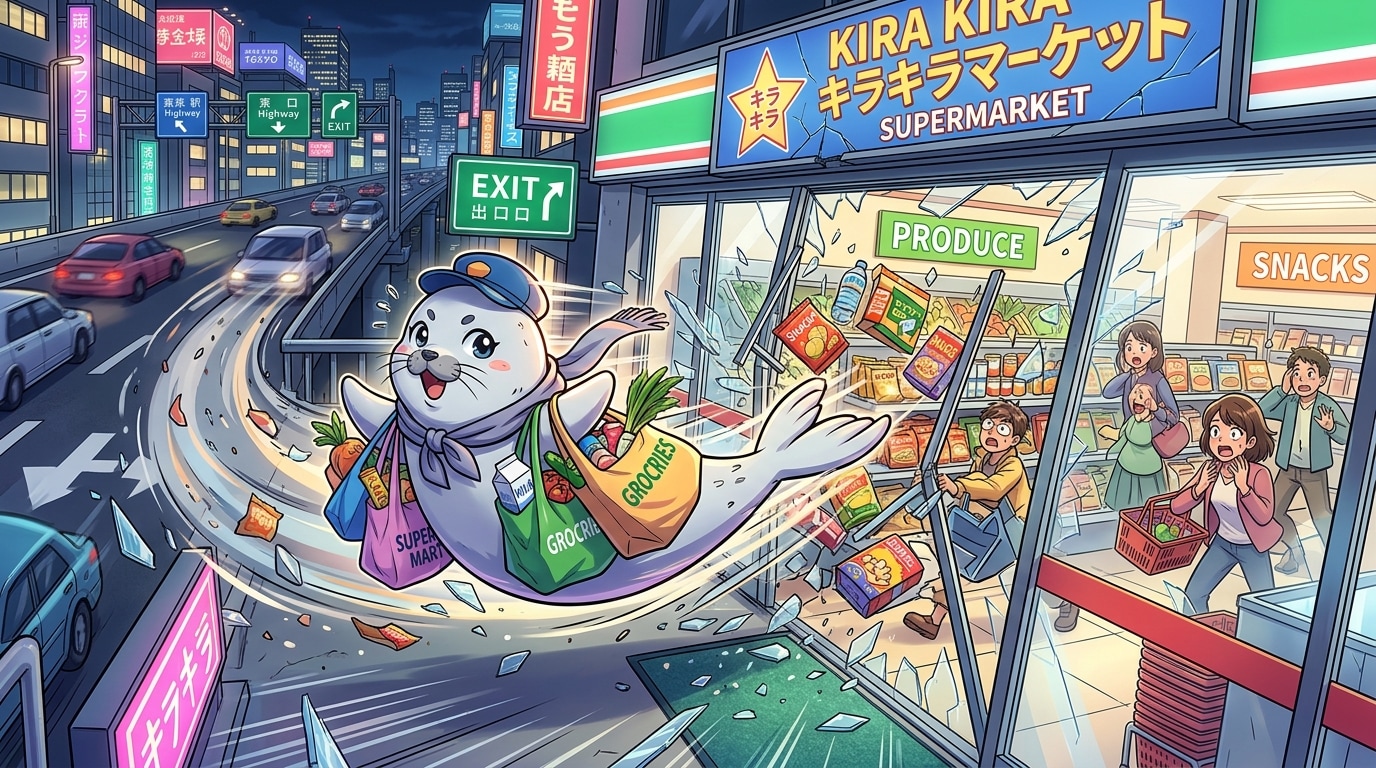 高速道路から飛び出してスーパーマーケットに入るアザラシ | の人気AIイラスト・グラビア
