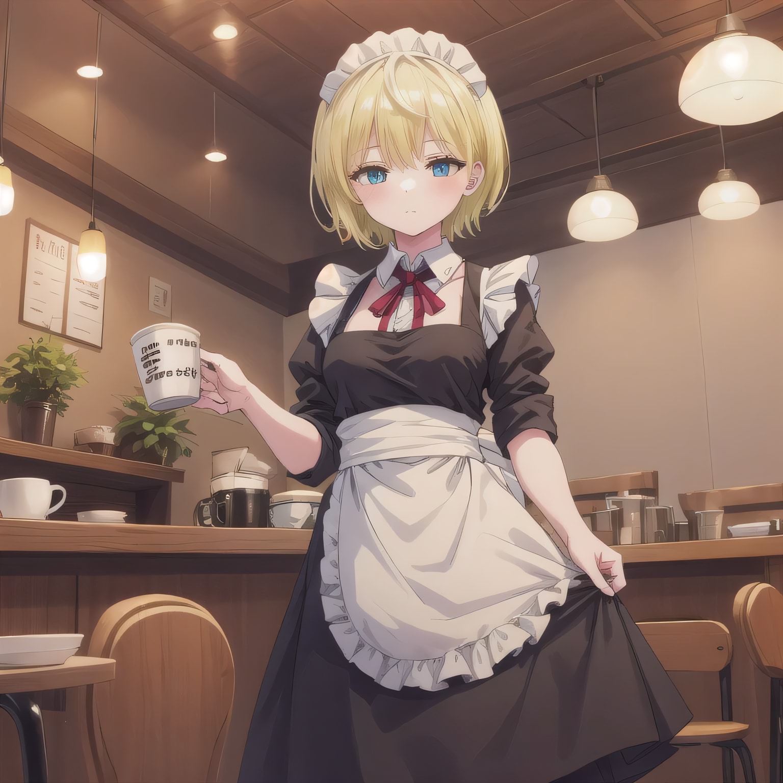 金髪ボブでカフェの少女 | の人気AIイラスト・グラビア