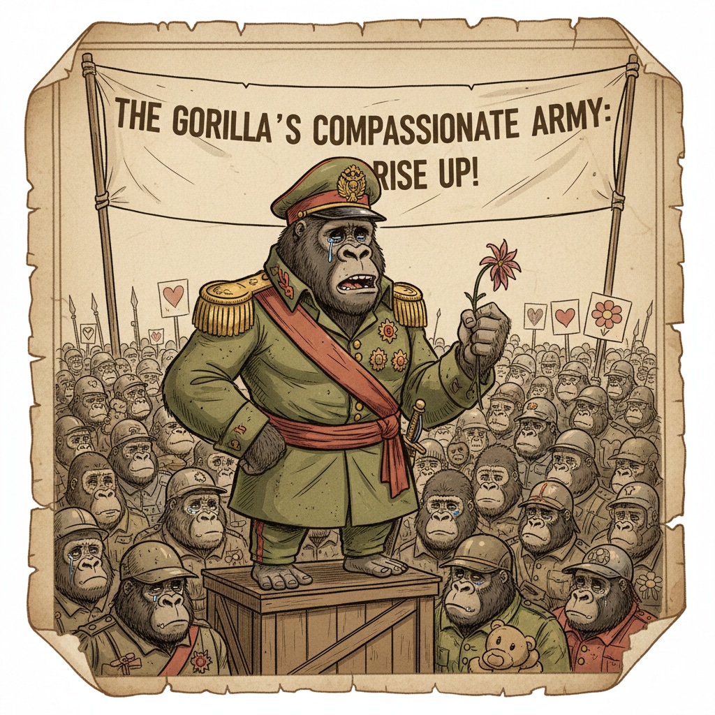 センチメンタルゴリラ軍よ立ち上がれと演説する軍人風のセンチメンタルゴリラ