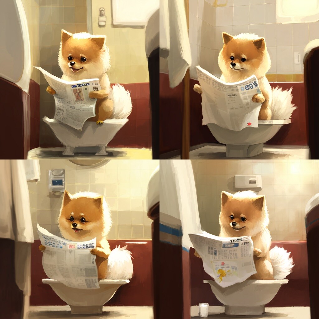 トイレに座って新聞を読むポメラニアン