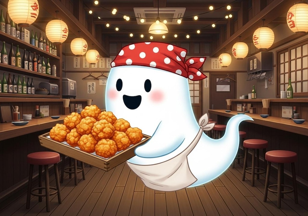 唐揚げを運ぶ居酒屋お化けさん