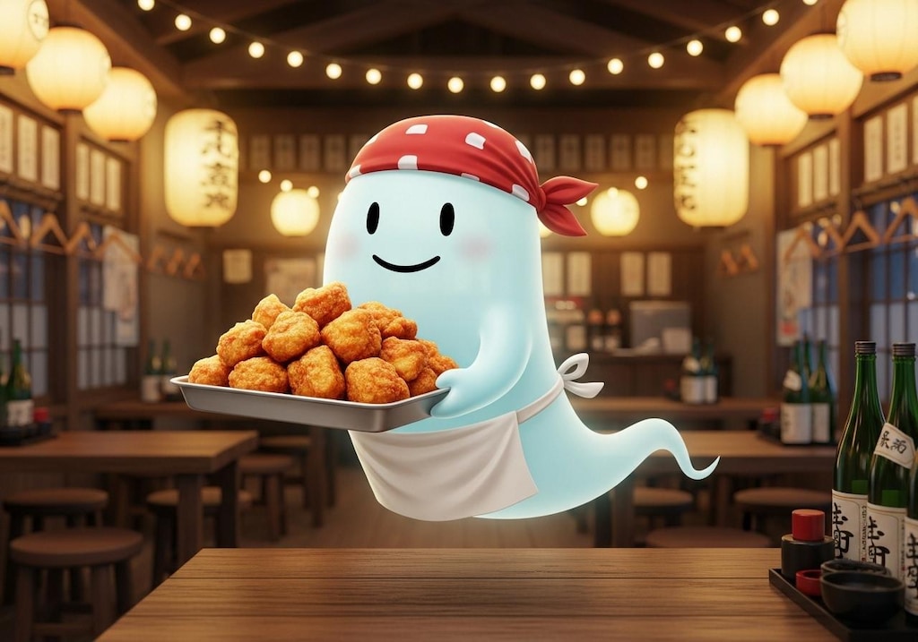 唐揚げを運ぶ居酒屋お化けさん