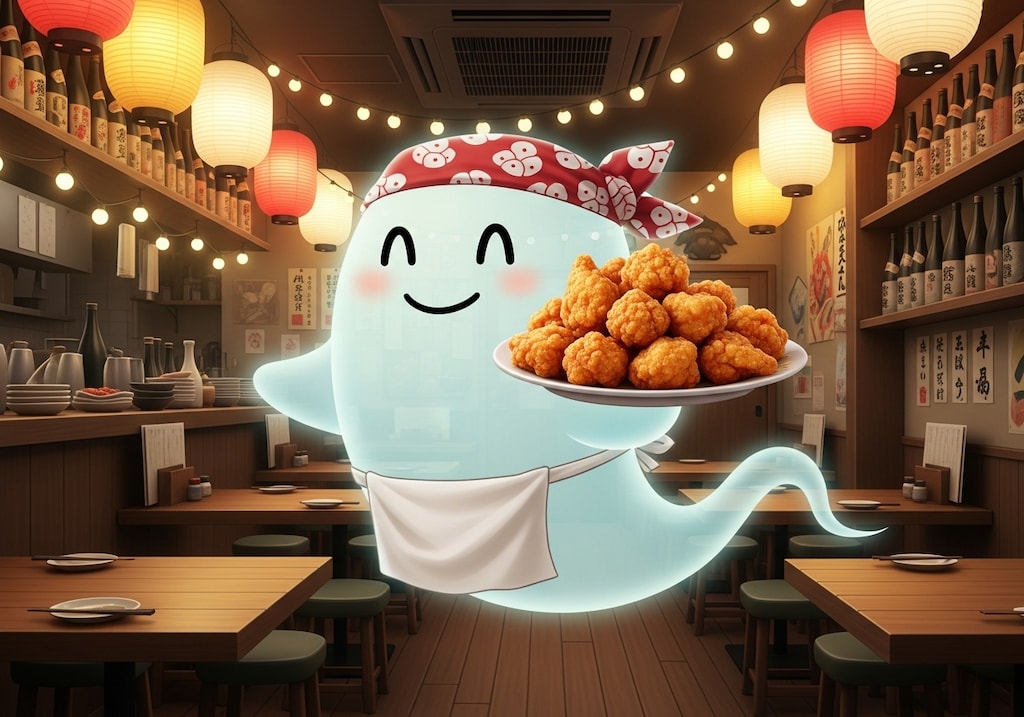 唐揚げを運ぶ居酒屋お化けさん