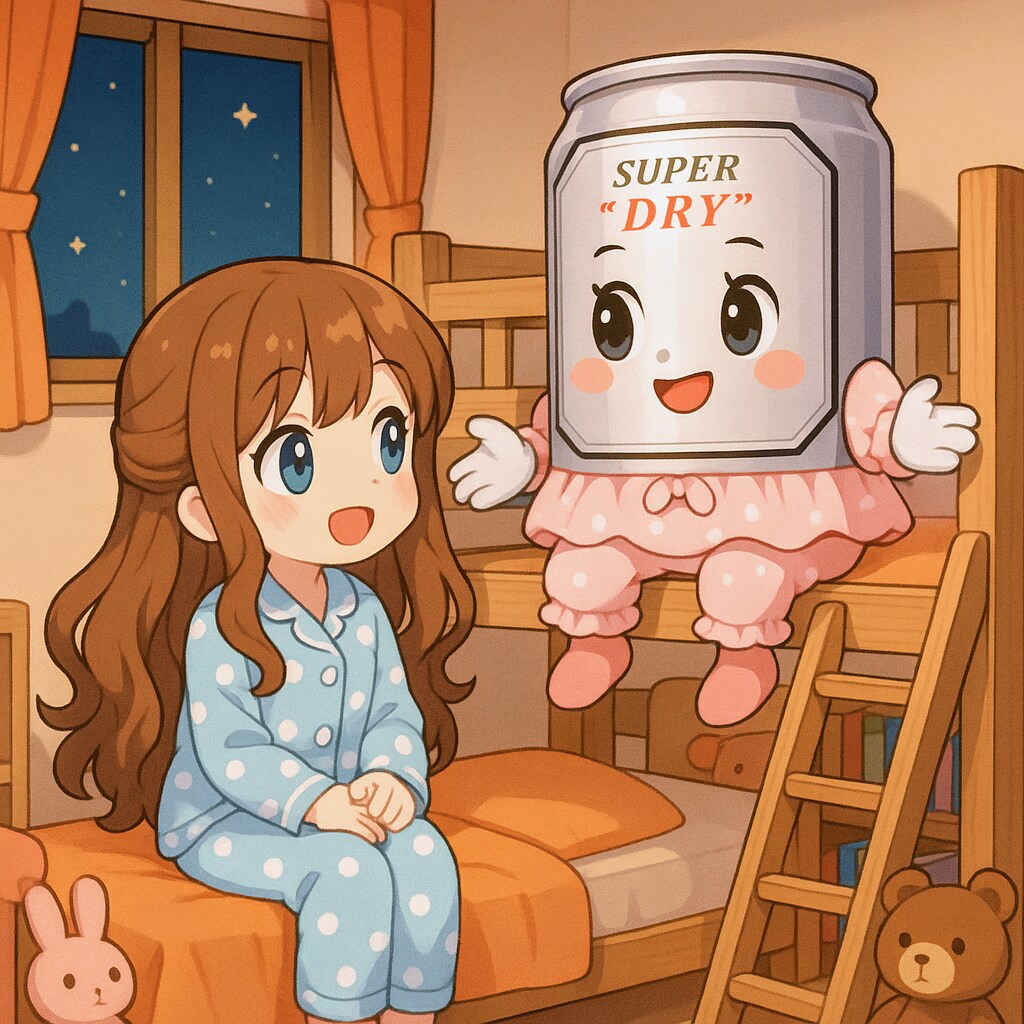 二段ベッドで眠るビール缶と小さな女の子
