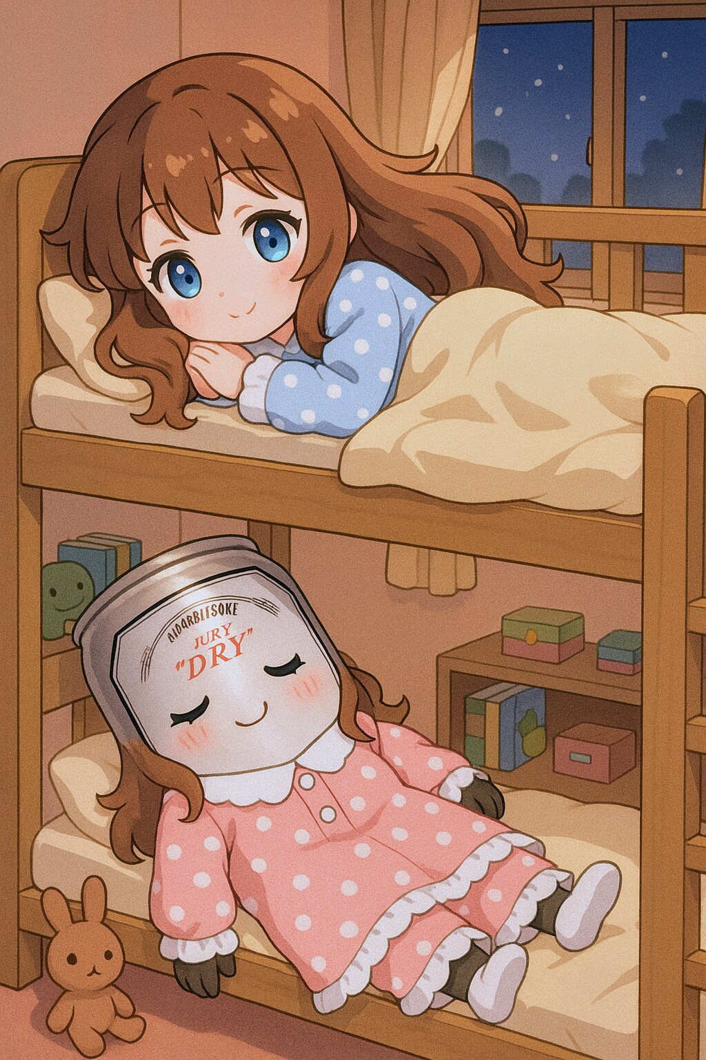 二段ベッドで眠るビール缶と小さな女の子
