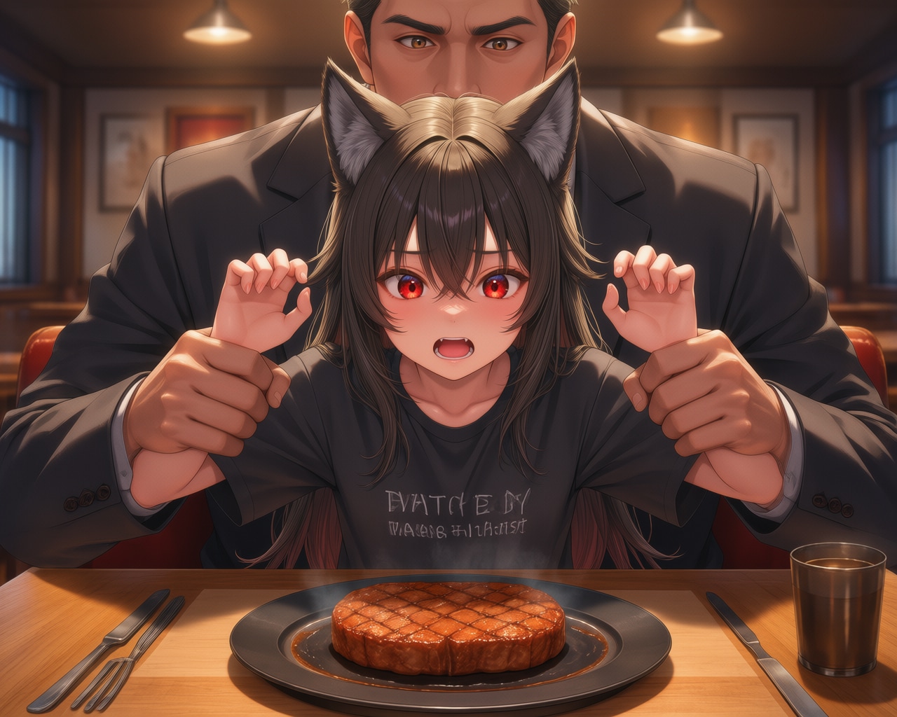 restaurantで食事しようとしたらrestrainedされてしまう狼少女