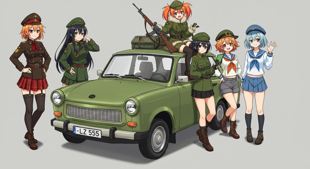 アニメキャラとトラバント軍用車