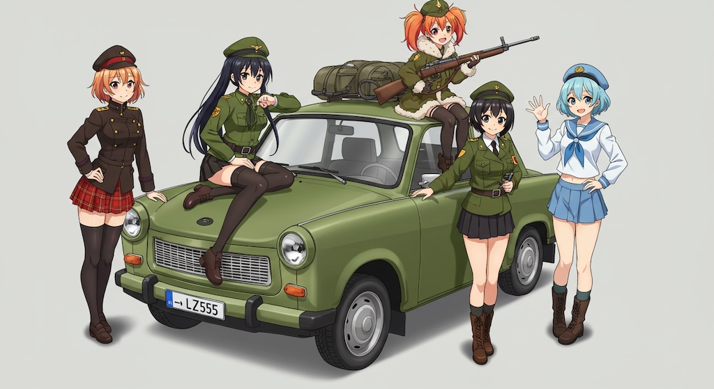 アニメキャラとトラバント軍用車