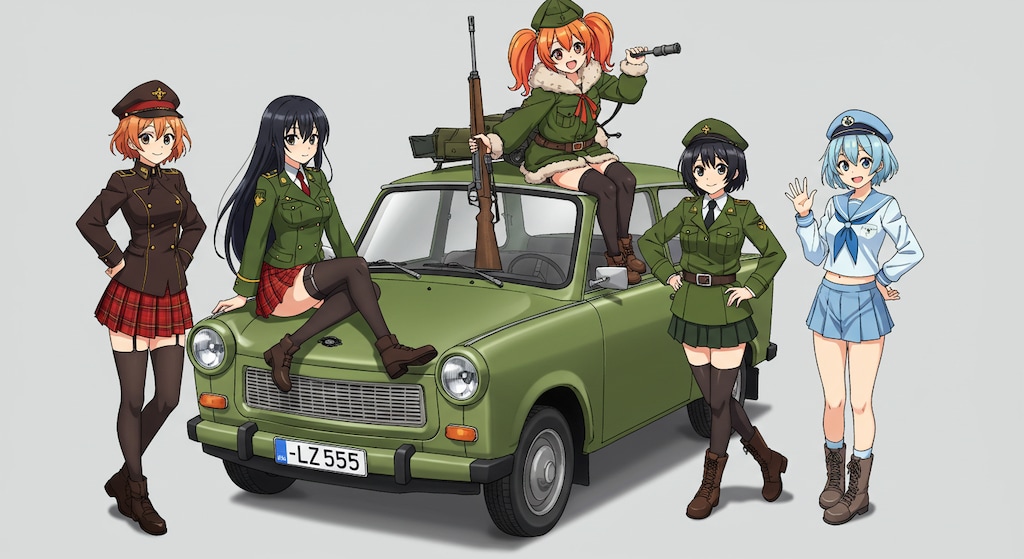 アニメキャラとトラバント軍用車
