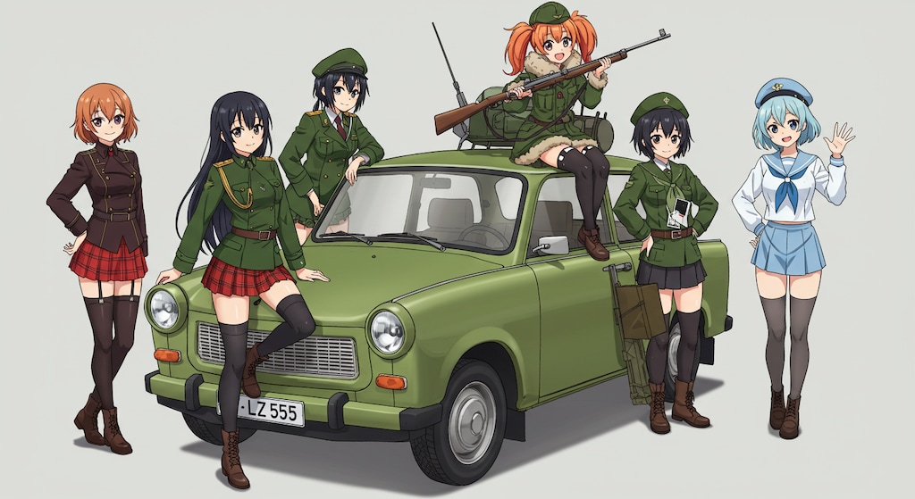 アニメキャラとトラバント軍用車