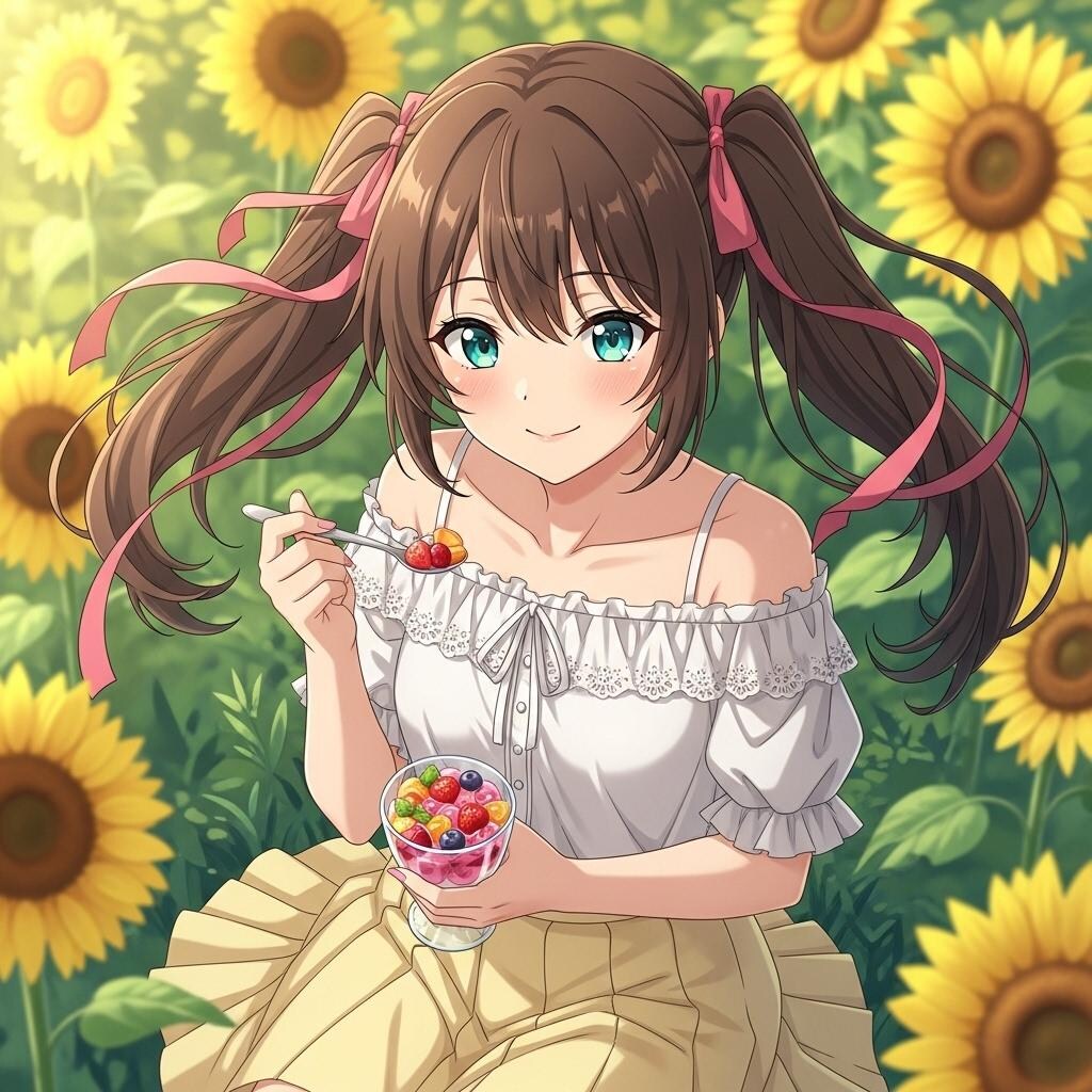 ひまわり畑でフルーツゼリーを食べる