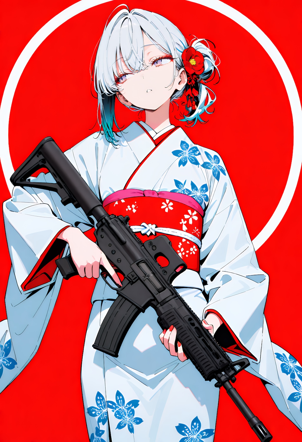 振袖女子と機関銃