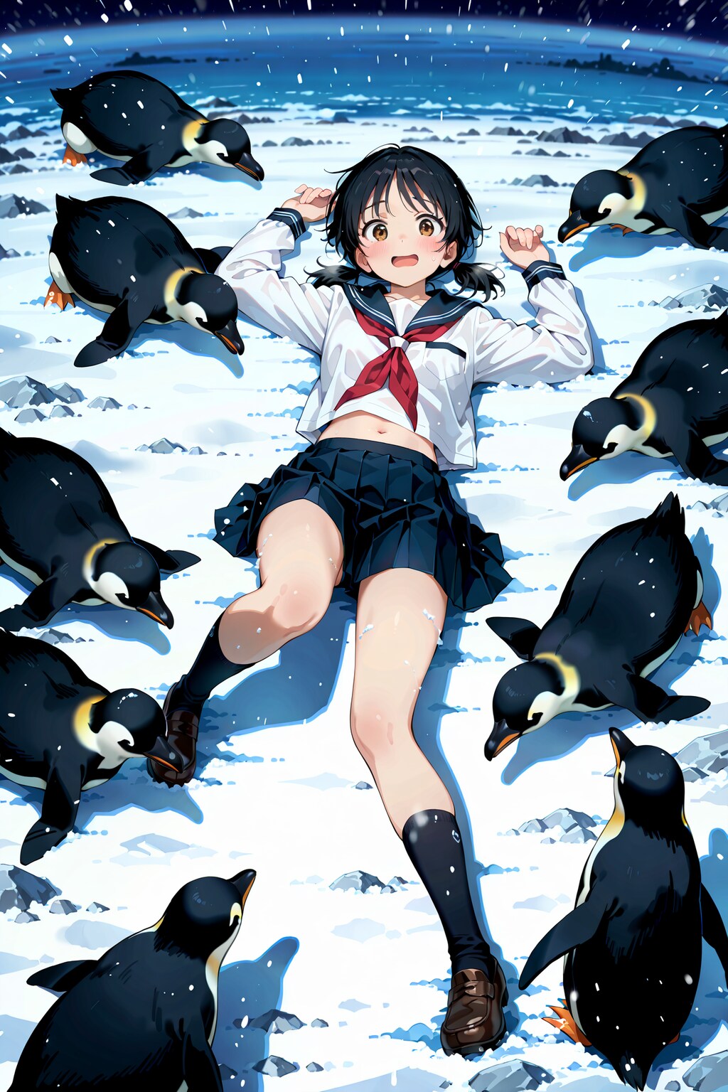 南極でお腹を出して寝ている女の子